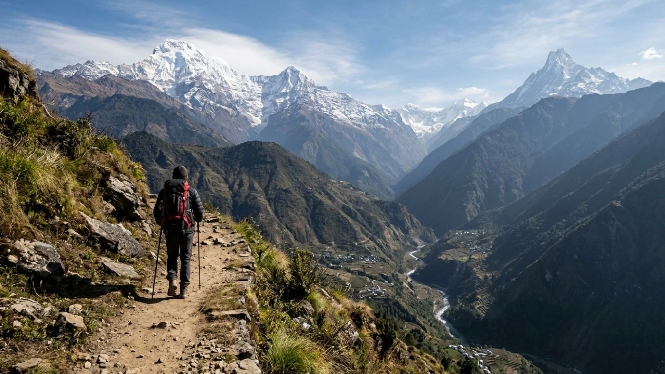 Trekker walking on a remote mountain trail in Nepal with wide Himalayan views
